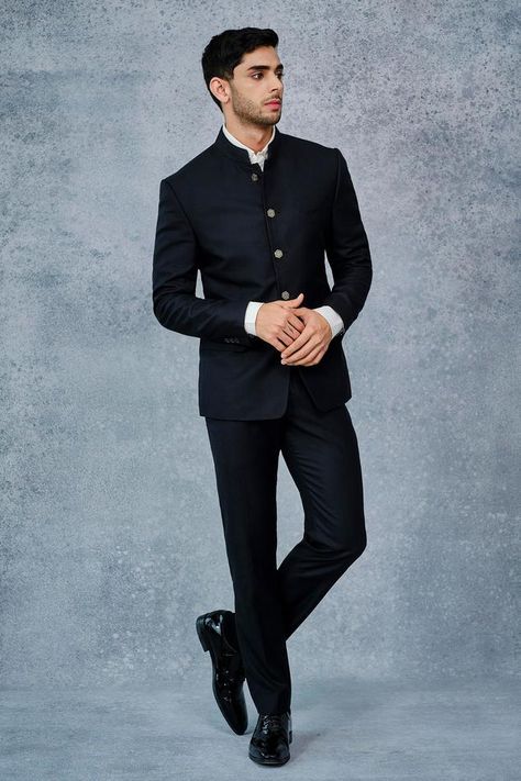 Buy Jatin Malik Blue Slub Silk Embroidered Bandhgala Set Online | Aza Fashions Raghvendra Rathore Menswear, Bandhgala Suit Men Receptions, Raghavendra Rathore Bandhgala, Black Bandhgala Men, Black Jodhpuri Suits For Men Wedding, Bandgala For Men, Jodhpuri Suits For Men Wedding, Black Jodhpuri, Black Coat Pant