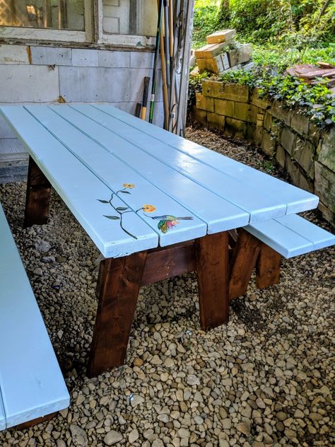 Resin Picnic Table, Painting Picnic Table Ideas, Picnic Table Paint Ideas, Painted Picnic Table Ideas, Picnic Table Painting Ideas, Blue Picnic Table, Picnic Style Dining Table, Painted Picnic Table, Painting Outdoor Wood Furniture