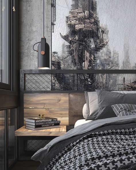 Warm industrial st .. Masculine Interior Design, Industrial Decor Bedroom, Urban Industrial Decor, Industrial Style Bedroom, Industrial Bedroom Design, Bedroom Ideas For Men, Men Bedroom, Industrial Style Interior, Masculine Interior