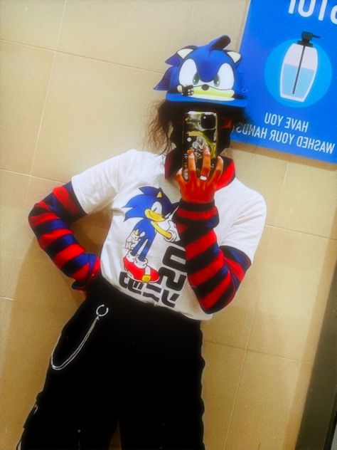 Sonic Aesthetic Outfits, Sonic Clothes, Sonic Hat, Sonic Outfit, Shadow Cosplay, Sonic Core, Sonic Shirt, Kidcore Clothes, Sonic Aesthetic