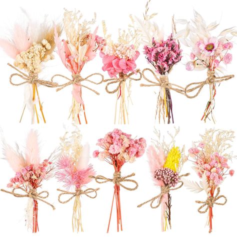 PRICES MAY VARY. Pink Series Dried Flower Bouquets: Each box contains 10 exquisite pink series dried flower bouquets with a variety of different flower combinations, including white hydrangea, pink rabbit tail, mini reed, pink forget-me-not, pink baby's breath, etc. Different flower materials and rich combinations provide rich choices for your decoration. High-Quality Materials: All dried flower bouquets are made of 100% natural plants and carefully dried from real flower materials, making the entire bouquet look more beautiful and delicate. Wrapped in fine twine, each bouquet is unique and may vary slightly in color and style, but maintains its natural beauty. Long-lasting Storage: Due to the high-quality drying process, these bouquets can usually be stored as dried flowers for 1-3 years, Wildflower Party, Dried Flower Bouquets, Photo Props Diy, Wedding Photo Props, Vase Crafts, Dried Bouquet, Boho Wedding Decorations, Diy Vase, Craft Wedding