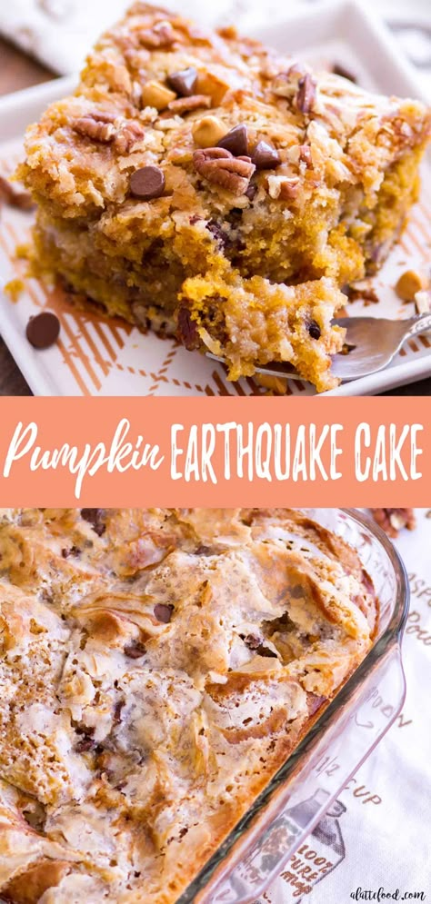 Pumpkin Desserts Easy Simple, Simple Fall Desserts, Gooey Pumpkin Cake, Pumpkin Desserts Easy, Pumpkin Earthquake Cake, Earthquake Cake Recipes, Pumpkin Cream Pie, Cake Fall, Earthquake Cake