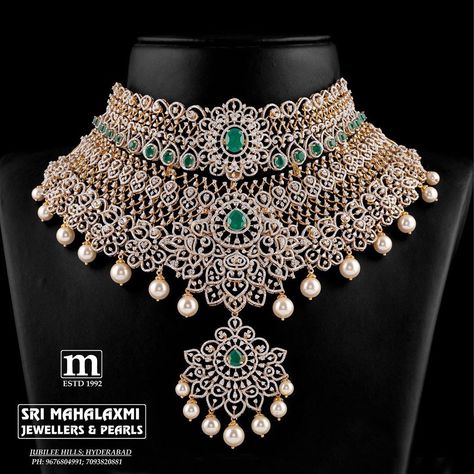 Grand Diamond Choker Necklace ~ South India Jewels Necklace For Wedding, Simple Gold Chain, Diamond Necklace Indian, Bridal Diamond Necklace, Bridal Jewelery, Choker Necklace Designs, Diamond Pendants Designs, Diamond Choker Necklace, Choker Designs