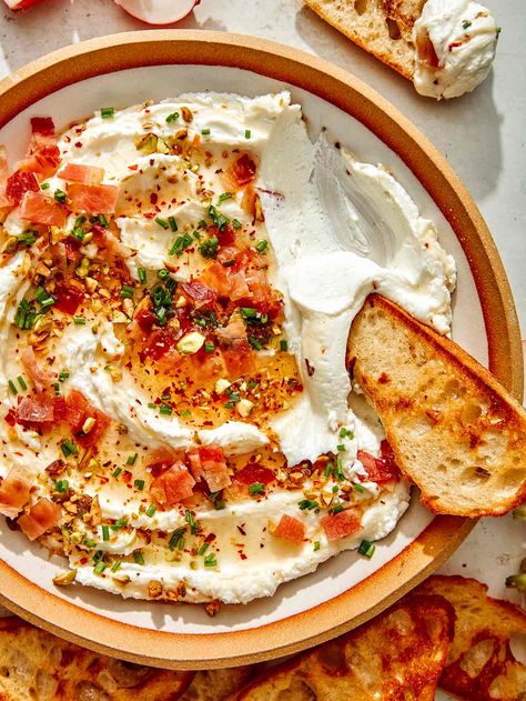 Honey Appetizers, Potato Dip, Baked Potato Dip, Goat Cheese Dip, Roasted Tomato Salsa, Spoon Fork Bacon, Whipped Goat Cheese, Goat Cheese Recipes, Football Party Food