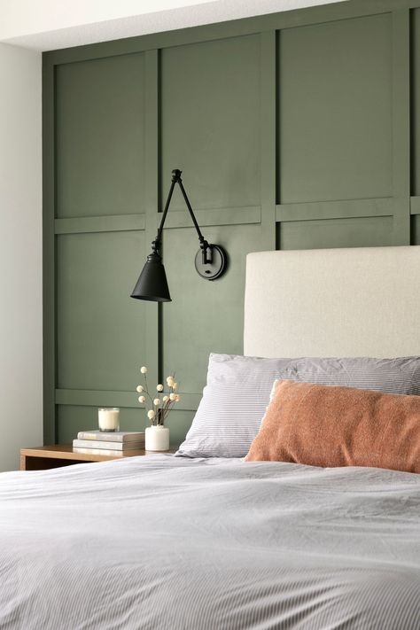 Wall Lights Bedroom Modern, Matte Green Accent Wall, Dark Green Batten Board, Square Accent Wall Bedroom, Blue Board And Batten Wall Bedroom, Batten Board Bedroom, Orange Board And Batten, Board And Batten Wall Behind Bed, Board And Batten Boys Room