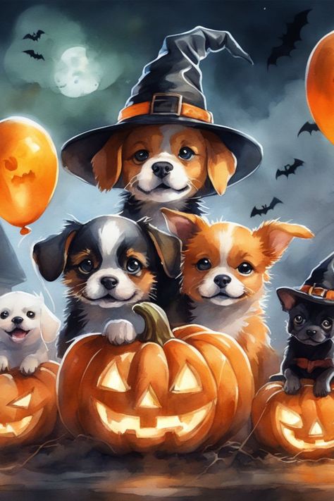 An illustration featuring cute cats and dogs in various Halloween costumes, surrounded by Halloween-themed elements. The pets are dressed as witches, ghosts, and other spooky characters, creating a festive and adorable scene. #petarts #pethalloween #halloweencostumes Halloween Dog Wallpaper, Halloween Aestethic, Halloween Costumes For Pets, Costumes For Pets, Friends Cross Stitch, Halloween Pets, Dogs Halloween, Halloween Halloween Costumes, Happy Halloween Pictures