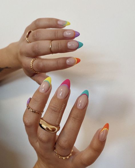 Almond Shaped Nail Designs Summer, Multicoloured Nails Tips, Almond Nail Ideas Summer Colour, Easy Colourful Nails, Simple Colorful Acrylic Nails, French Tips Multi Color, Vibrant French Tip Nails, Multi Color Nail Designs, Summer Mismatched Nails