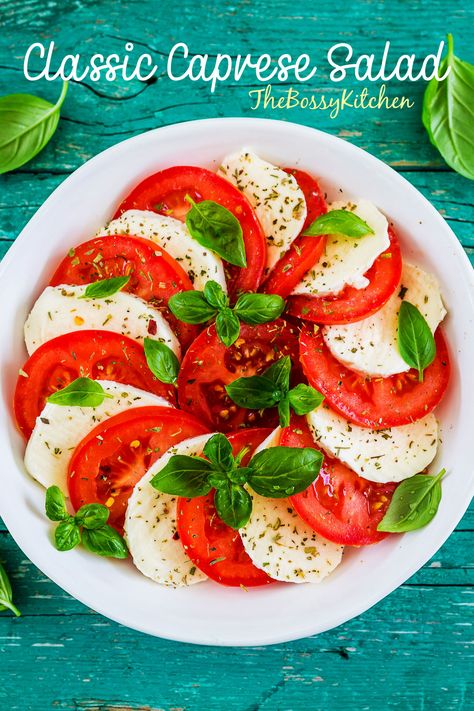 Mediterranean Caprese Salad, Classic Caprese Salad, Tomatoes And Mozzarella Caprese, Tomato Basil And Mozzarella Salad, Fresh Mozzarella Salad Recipe, Snack Ideas With Tomatoes, Tomatoes And Mozzarella Salad, Tomato And Fresh Mozzarella Appetizer, Fresh Mozzarella And Tomato Salad