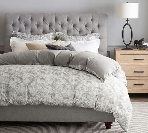 Grey Fabric Bed Frame Room Ideas, Grey Upholstered Bed Decor, Natural Pottery, Tufted Bed Frame, Box Spring Bed Frame, Bedroom 2024, Tufted Upholstered Bed, Tall Bed, Farmhouse Flooring