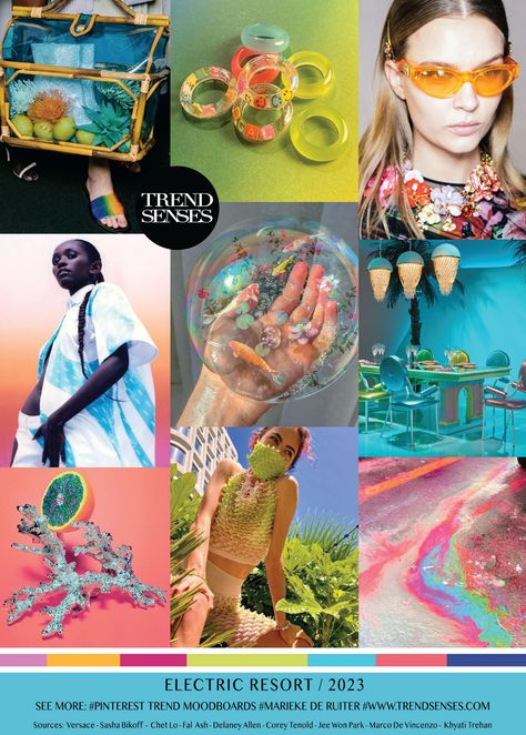 ELECTRIC RESORT // 2023 – Trendsenses - Moodboard - Trend - Mood - Marieke de Ruiter - Trendmoodboard - Trendforecasting - Sources: Versace – Sasha Bikoff – Chet Lo – Fal Ash – Delaney Allen – Corey Tenold – Jee Won Park – Marco De Vincenzo – Khyati Trehan - Our moodboards are free, feel free to support us. Khyati Trehan, Sasha Bikoff, Fashion Trending Moodboard, Fashion Trend Forecast, Trend Forecast, 2023 Color, Resort 2023, Color Trends Fashion, 2023 Ss