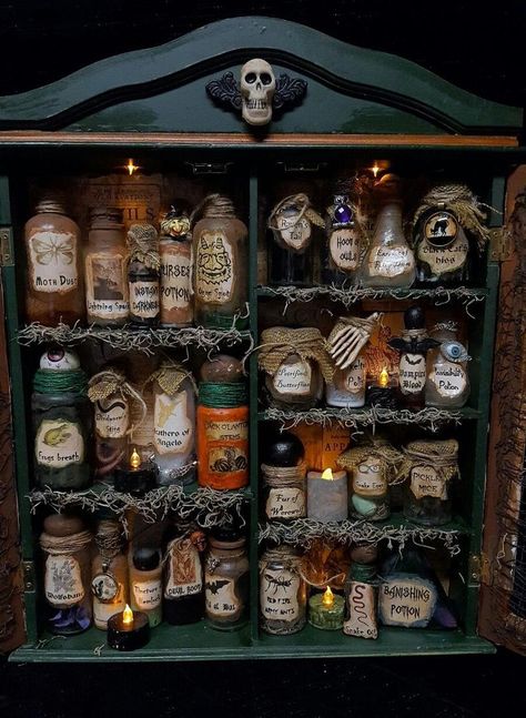 Witches Cabinet Apothecary Potion Bottles Halloween Decor Haunted House Props | #1831835493 Witches Cabinet, Potion Bottles Halloween, Witches Potions, Vintage Halloween Party, Empty Plastic Bottles, Party Horns, Lemax Spooky Town, Potion Labels, Witch Potion