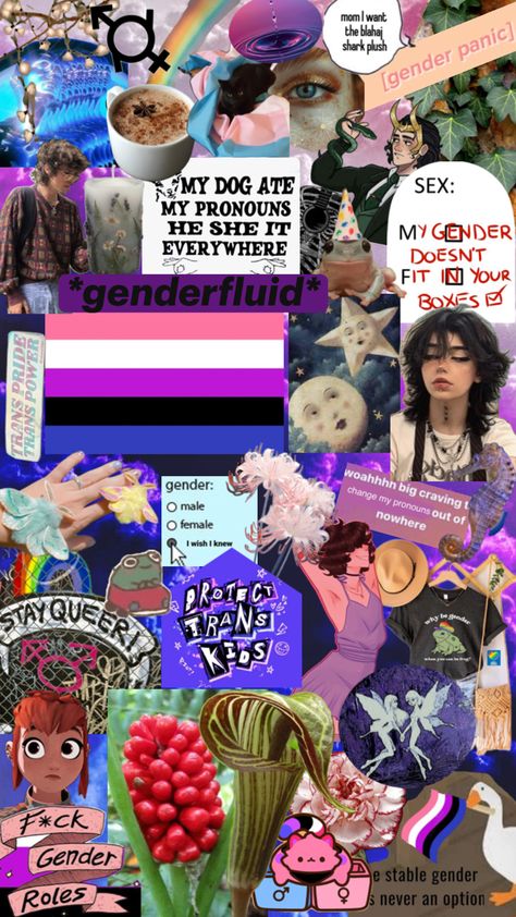 gender-fluid moodboard queer collage Queer Collage, Gender Fluid Wallpaper, Genderfluid Wallpaper, Gender Fluid Flag, Genderfluid Flag, Cute Wolf Drawings, Genderfluid Pride, Lgbtq Quotes, Shark Plush