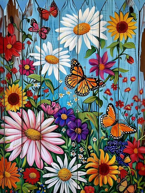 Facebook Colorful Picket Fence, Mural Art Outdoor, Murals On Fences, Painted Fences Mural, Fence Mural Ideas, Painted Garden Sheds, Garden Fence Paint, Fence Painting, Garden Fence Art