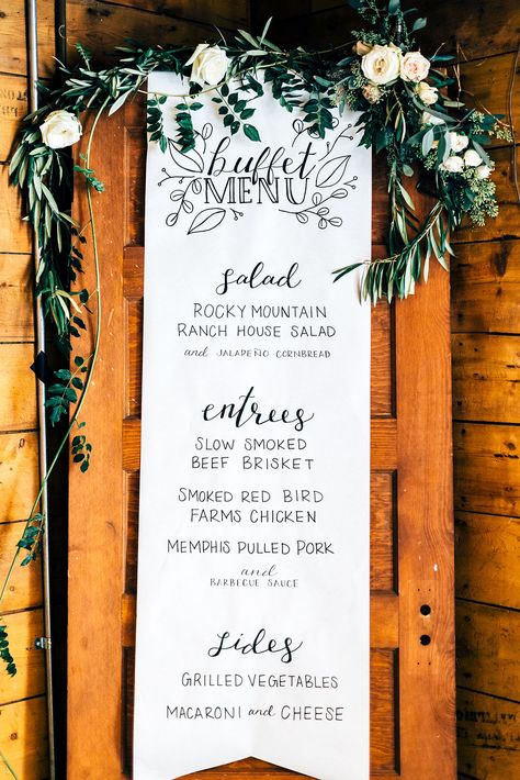 33 Pretty and Unexpected Wedding Menu Ideas Wedding Buffet Menu, Wedding Menu Ideas, Simple Wedding Menu, Wedding Food Menu, Simple Door, Wedding Reception Menu, Diy Backyard Wedding, Wedding Dinner Menu, Bbq Menu