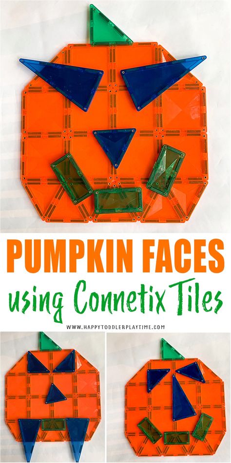 Magnetic Tile Pumpkin Faces - HAPPY TODDLER PLAYTIME Pumpkin Math Activities For Toddlers, Pumpkin Patch Center Preschool, Pumpkin Themed Gross Motor Activities, Harvest Preschool, Pumpkin Playdough Mats, Prek Pumpkin Math Activities, Magnet Tiles, Math Shapes, Pumpkins Preschool