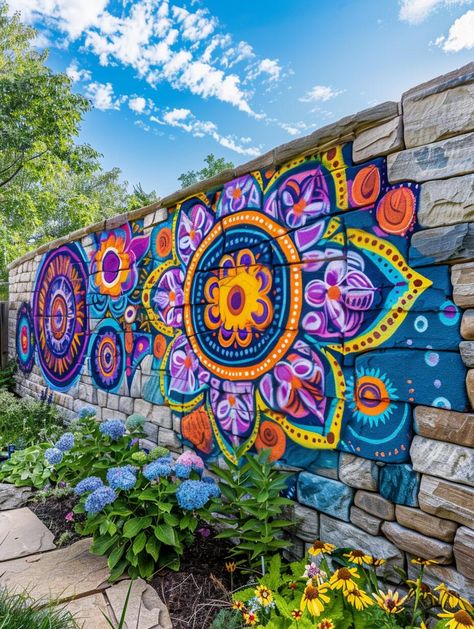 28 Artistic Wall Painting Ideas To Breathe Life into Your Backyard Garden - Home Made Graceful Backyard Garden Wall, Garden Wall Painting Ideas, Paint Fence Ideas Backyards, Backyard Mural Ideas, Garden Wall Painting, Artistic Wall Painting, Backyard Mural, Wildflower Mural, Mexican Art Painting