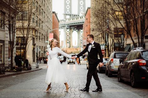 New York elopement with bridal portraits in Dumbo, Brooklyn. City Bride Photoshoot, Nyc Winter Elopement, Elopement Pics, Elopement City, New York Elopement, Nyc Wedding Photos, City Wedding Photos, Winter Nyc, Dumbo Brooklyn