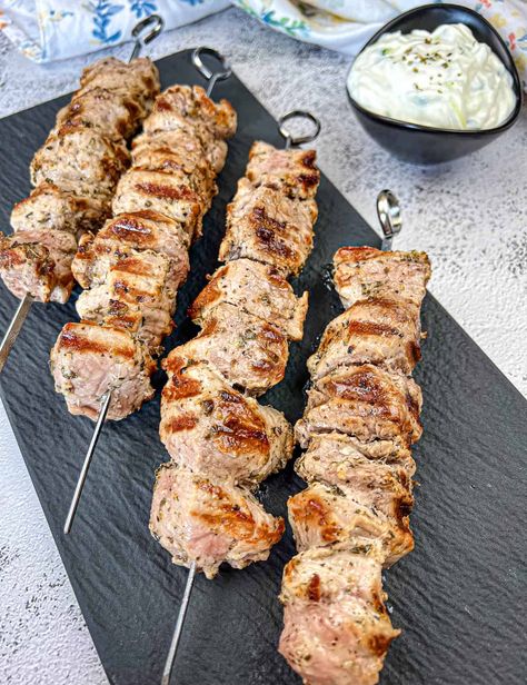 Pork Souvlaki, Mediterranean Foods, Slate Plate, Pork Dinners, Meat Marinade, Leftover Pork, Quick Meal Prep, Greek Foods, Mediterranean Meals