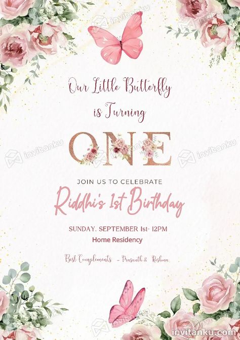 Baby 1st Birthday Invitation Card, First Birthday Invitation Card Template, Daughters First Birthday, Butterfly Birthday Party Invitations, First Birthday Invitation Cards, Create Birthday Invitations, Butterfly 1st Birthday, Birthday Invitation Card Template, Baby Birthday Invitations