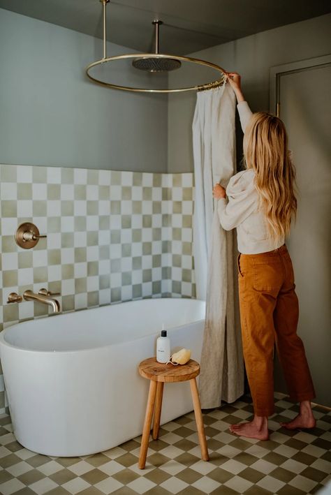 Sarah Sherman Samuel Shares 3 Bathroom DIYs: Checkerboard Tile, IKEA Cabinet Hack, and Tub-Shower Conversion | Architectural Digest Ikea Hack Vanity, Ikea Vanity, Ikea Godmorgon, Vintage Bathtub, Sarah Sherman, Dark Bathrooms, Sarah Sherman Samuel, 아파트 인테리어, Have A Shower