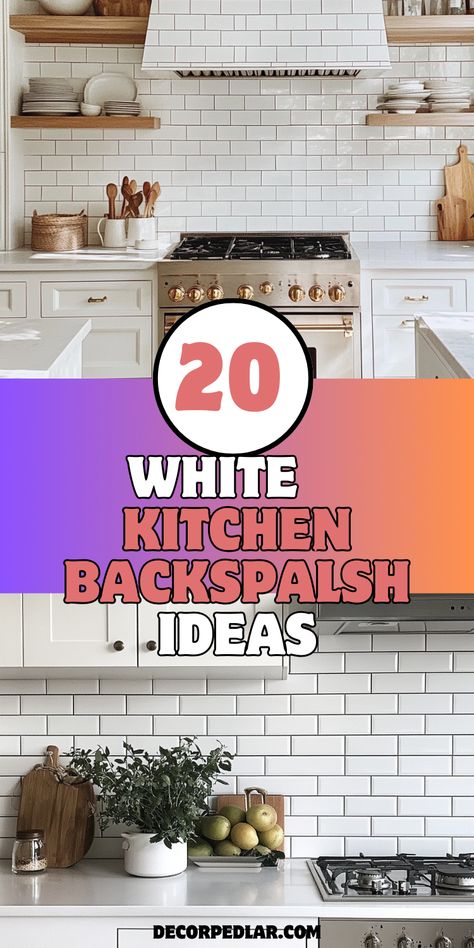 Elevate your kitchen with 20 elegant white backsplash ideas. From classic subway tiles to modern textures, find the perfect backdrop for your culinary space. #WhiteBacksplash #KitchenDesign Kitchen With White Tile Backsplash, White Kitchen Wall Tiles Ideas, Tile To Ceiling In Kitchen, Kitchen Remodel Backsplash Ideas, Elegant Kitchen Design Modern, White Tile Backsplash Kitchen, White Subway Tile Kitchen Backsplash, White Backsplash Ideas, Kitchen Backsplash White