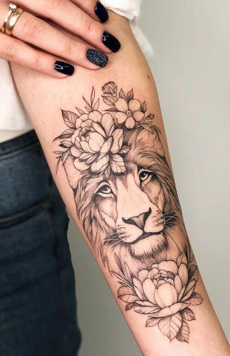 15+ Best Lion and Flowers Tattoo Designs | PetPress Lion Tattoo With Flowers, Female Lion Tattoo, 27 Tattoo, Lion Tattoo Design, Leo Tattoos, Inspiration Tattoos, Forearm Tattoo Women, Sleeve Tattoos For Women, Flower Tattoo Designs