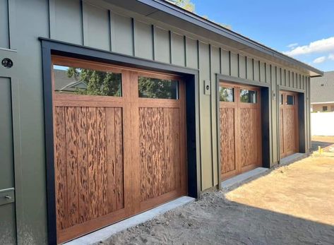 Brown Siding House, Green Garage Door, Brown Siding, Sage Green House, Black Garage Door, Siding House, Green Garage, Gambrel Barn, Black Garage