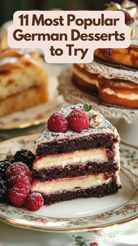 An assortment of popular German desserts, including Black Forest cake and apple strudel, served on elegant plates. German Apple Strudel Recipe, German Black Forest Cake, German Cakes Recipes, Traditional German Desserts, German Apple Cake, Strudel Recipes, German Cake, German Desserts, Apple Strudel