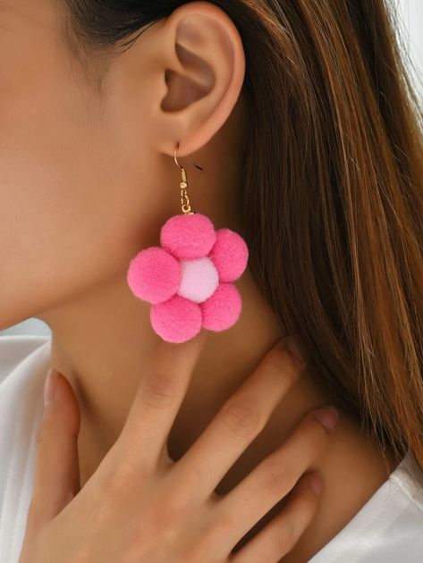 Fuzzy Flower Drop Earrings | SHEIN USA Plush Earrings, Fuzzy Earrings, Fuzzy Flower, Pom Pom Jewelry, Pompom Earrings, Diy Earrings Easy, Pom Earrings, Embellished Fashion, Pom Pom Earrings