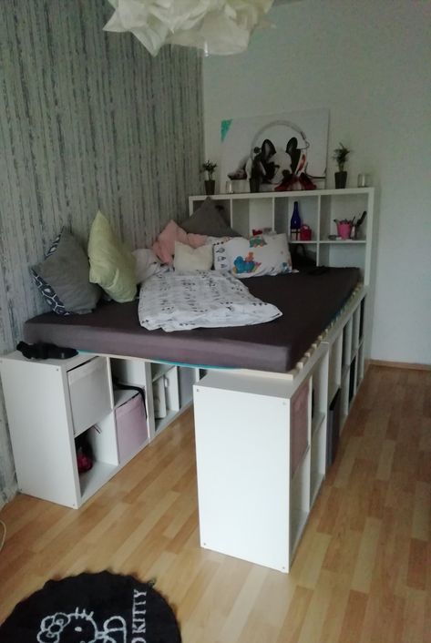 Storage Cube Bed Frame Queen Diy, Cubbyhole Bed, Cube Bed Frame, Hideout Bed, Ikea Boys Bedroom, Loft Bed Design, Cube Bed, Box Room Bedroom Ideas, Colorful Boho Bedroom