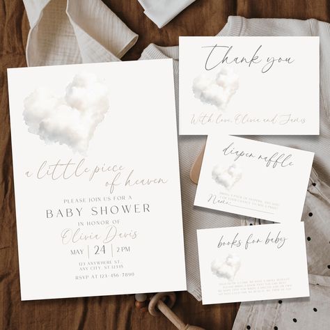 Matching Items: https://www.etsy.com/shop/BabyWondersShop?ref=dashboard-header&search_query=BS64 Celebrate your little piece of heaven with our delightful digital baby shower invitation bundle! Perfect for a heaven-themed baby shower, this editable invite captures the essence of joy and softness, making it a fitting choice for any gender-neutral celebration.  Designed to evoke a cloud 9 experience, our heaven shower evite is easy to customize, ensuring it reflects your unique style and the warmt Evite Baby Shower Invitations, Heaven Sent Baby Shower Invitations, She’s A Little Piece Of Heaven Baby Shower Theme, Piece Of Heaven Baby Shower Theme, A Little Piece Of Heaven Baby Shower Boy, Little Piece Of Heaven Baby Shower Theme, Angel Baby Shower Theme, Heaven Baby Shower Theme, Cloud Themed Baby Shower Ideas