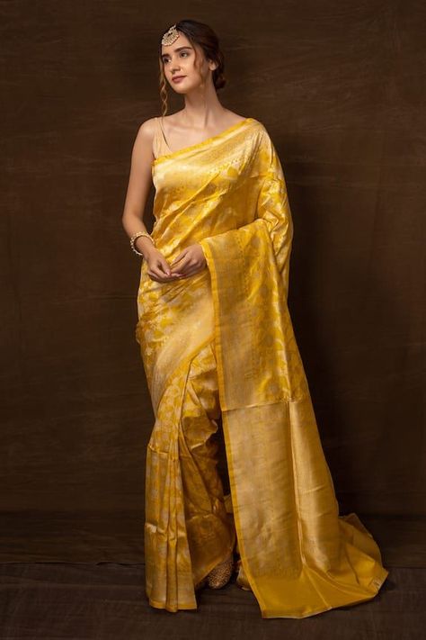 Canary yellow banarasi saree crafted in silk with bloom jaal handwoven accent and flowery golden border detailingComes with a running blouse pieceAza Fashions Yellow Banarasi Saree, Sarees Banarasi, Golden Border, Yellow Saree, Yellow Silk, Banarasi Saree, Blouse For Women, Canary Yellow, Pink Saree