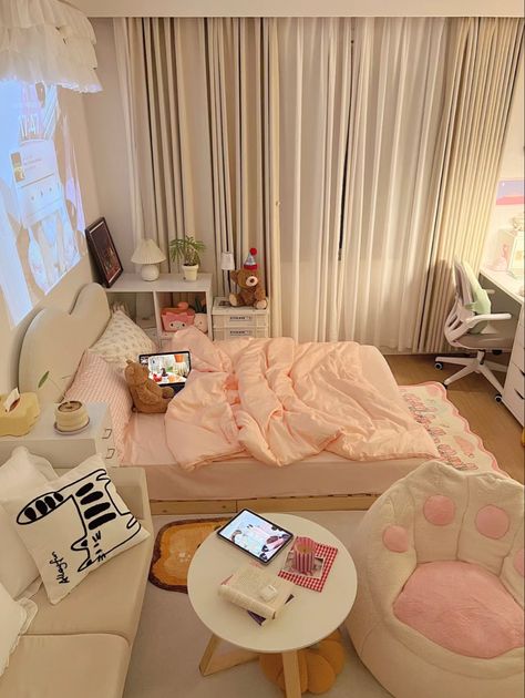 Cute Pink Living Room, Korean Pink Bedroom, Hidden Love Sang Zhi Room, Korean Bedroom Pink, Kawii Beds, Shojo Girl Aesthetic Room, Kawaii Pink Comforter, Room Redesign, Pastel Room