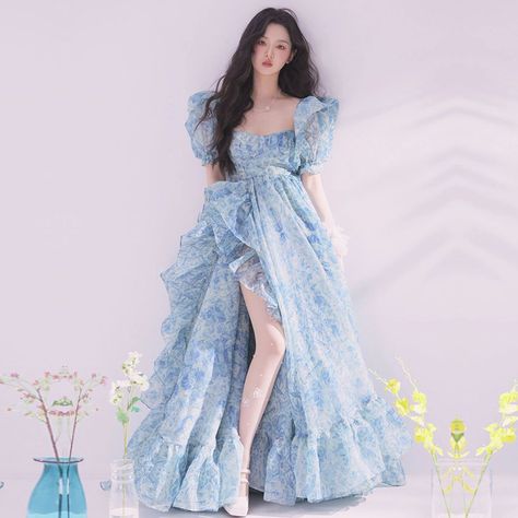 Smarter Shopping, Better Living! Aliexpress.com Long Fairy Dress, Fairycore Dresses, Beach Party Dress, Short Puff Sleeve, Ruffles Fashion, Puff Sleeve Dresses, Summer Party Dress, Fairy Dress, Print Chiffon