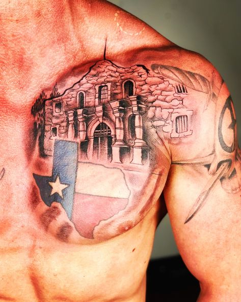 The Alamo Tattoo, Alamo Tattoo Texas, Texas Tattoo For Men Sleeve, Alamo Tattoo, Texas Sleeve Tattoo, Western Sleeve Tattoo For Men, Texas Tattoo For Men, Texas Themed Tattoos, Texas Flag Tattoo