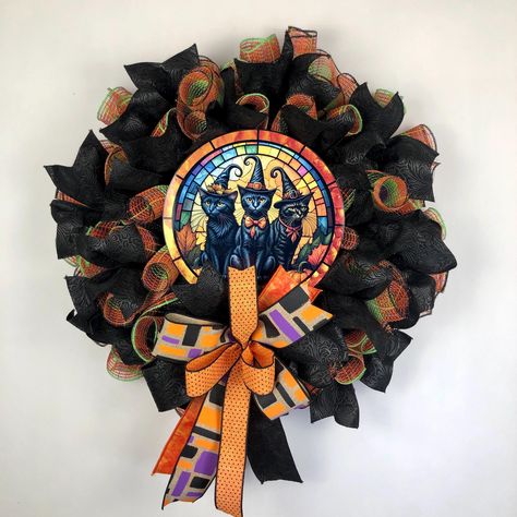 Halloween Cat Wreath for Front Door, Black Cat Halloween Wreath, Witch Cat Trio, Witch Halloween Wreath, Traditional Halloween Decor Traditional Halloween Decor, Witch Halloween Wreath, Front Door Black, Cat Wreath, Halloween Witch Wreath, Traditional Halloween, Door Black, Halloween Wreaths, Witch Cat