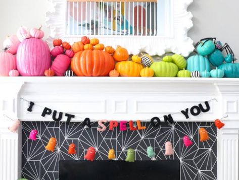 Halloween Entryway, Decoupage Pumpkins, Teal Pumpkin Project, Rainbow Halloween, Polka Dot Pumpkin, Colorful Halloween, Pumpkin Craft, Halloween Mantle, Halloween Mantel