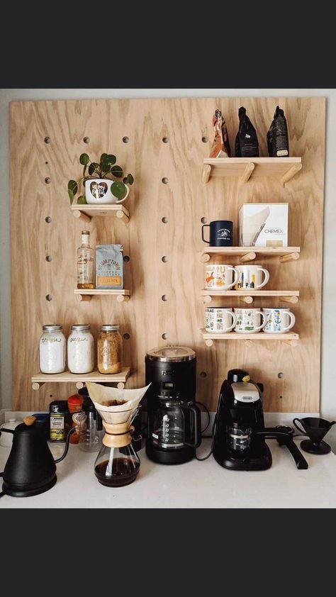 Coffee Stand Ideas, Home Coffee Bar Ideas, Coffee Bar Shelf, Cafe At Home, Peg Shelf, Cabin Coffee, Coffee Shelf, Coffee Station Kitchen, Brew Bar