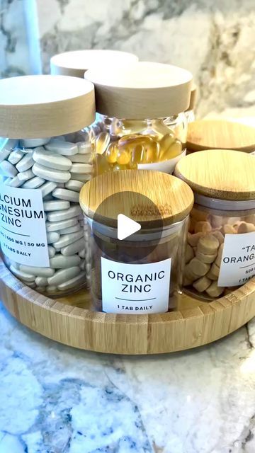 These spice jars are perfect for decanting vitamins! 😍  🔗 All three jars & lazy susan are linked in our Amazon highlight! Vitamin Station Kitchen, Vitamin Display Ideas Home, Clear Lazy Susan Organization, Vitamin Organization Ideas, Container Store Organization, Vitamin Organizer, Lazy Susan Organization, Organizing Kitchen, Organize Kitchen