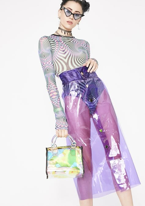 If you're not afraid to make a statement, make this purple clear vinyl midi skirt and wear with a printed leotard and colorful bag.. DIY the look yourself: http://mjtrends.com/pins.php?name=purple-transparent-vinyl-for-skirt Plastic Skirt, Plastic Outfit, Alien Clothes, Vinyl Skirt, Plastic Clothing, Vinyl Skirting, Vinyl Fashion, Plastic Fashion, Vinyl Raincoat