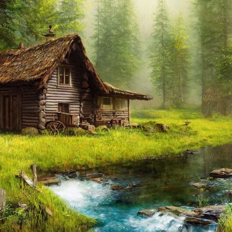 Little House in the Big Woods Cottage In The Woods Painting, House In The Woods Painting, Little House In The Big Woods, Cottage In The Woods, Laura Ingalls, Book Tattoo, Realistic Art, Painting Class, Little House