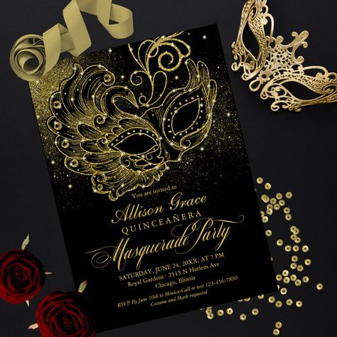 Black Gold Quinceanera Masquerade Invitation Black And Gold Sweet 16, Quince Invite, Quinceanera Masquerade, Sweet 16 Masquerade Party, Masquerade Invitations, Gold Quinceanera, Black And Gold Invitations, Masquerade Party Invitations, Elegant Birthday Invitations