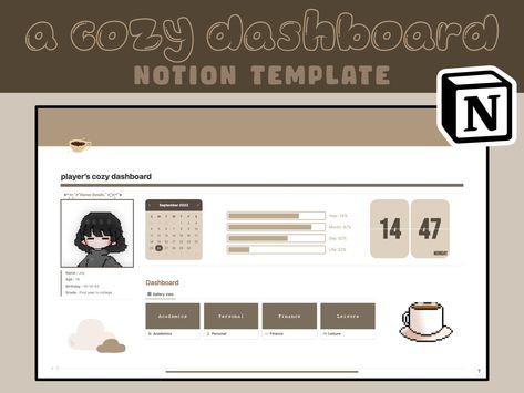 Cozy Dashboard | Aesthetic & Minimal Notion P Notion For School, Minimal Notion Template, Notion For Students, Minimal Notion, Dashboard Aesthetic, Notion Planner Template, Notion Ideas, Notion Dashboard, Template Notion