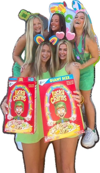 work week idea!!! lucky me!! Lucky Charms Costume, Killer Halloween Costumes, Sorority Work Week, Cute Group Halloween Costumes, Matching Halloween Costumes, Fun Office, Spooky Party, Lucky Me, Costumes For Teens