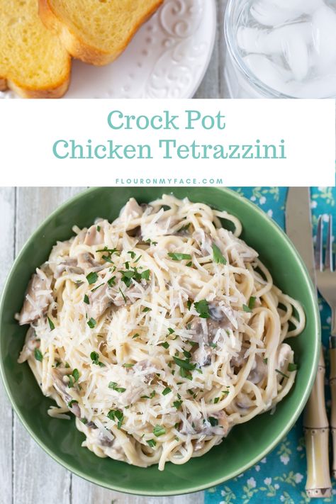 Crock Pot Chicken Tetrazzini is so easy to make when you start with a rotisserie chicken. Chicken Tetrazzini Crockpot Slow Cooker, Slow Cooker Chicken Tetrazzini, Crock Pot Chicken Tetrazzini, Crockpot Turkey Tetrazzini Recipe, Chicken Tetrazzini Crockpot, Crockpot Chicken Tetrazzini, Healthy Crock Pot Chicken, Creamy Crock Pot Chicken, Tetrazzini Recipes