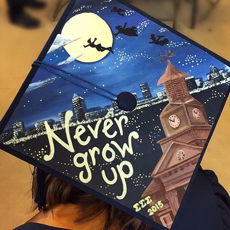 My Peter Pan inspired graduation cap :) Peter Pan Grad Cap, Graduation Cap Designs Peter Pan, Peter Pan Graduation Cap, Degree Hat, Petar Pan, Disney Graduation Cap, Grad Hats, Creative Graduation Caps, Graduation Hats