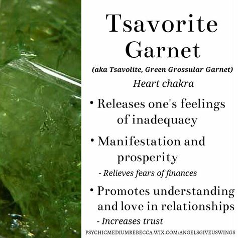 Tsavorite Garnet crystal meaning Garnet Crystal Meaning, Stone Meanings, Crystal Magick, Crystal Healing Chart, Chakra Heilung, Gemstone Properties, Crystal Goddess, Garnet Crystal, Crystals Healing Properties