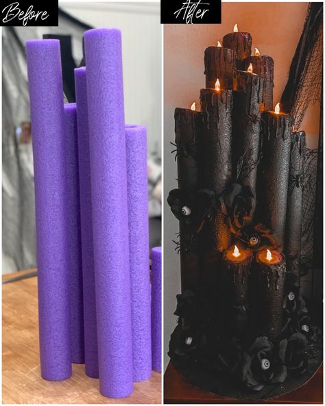 Fake Candles Diy, Pool Noodle Candles, Pool Noodle Halloween, Halloween Candles Diy, Pool Candles, Halloween Candlesticks, Strašidelný Halloween, Pool Noodle Crafts, Faux Candles