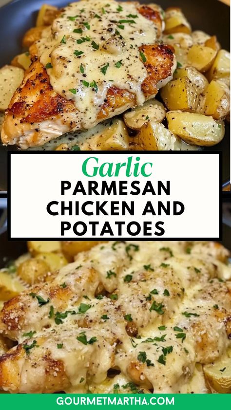 Tender chicken and crispy potatoes come together with a savory garlic Parmesan crust, creating a meal that's both flavorful and effortless. Perfect for a weeknight dinner or a cozy weekend treat. Discover how easy this recipe is – click for details #garlicparmesanchicken #chickenandpotatoes #easychickenrecipe #onepanmeal #weeknightdinner #comfortfood #garlicchicken #easyrecipe #quickdinner #familydinner Baked Garlic Chicken And Potatoes, Garlic Parmesan Chicken And Potatoes, Parmesan Chicken And Potatoes, Baked Garlic Parmesan Chicken, Seared Chicken, Chicken And Potatoes, Cozy Weekend, Chicken Entrees, Baked Garlic