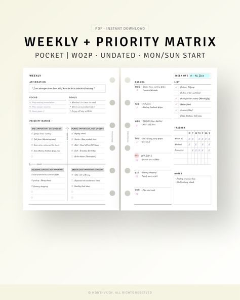 Stay organized and on track with this printable weekly planner! The planner includes a priority matrix, action items, and goal setting pages to help you stay focused and productive. The planner is undated, so you can use it any time of year.

Download the planner here: Weekly Overview Planner, Weekly Planning Template, Weekly Planner Layout, Pocket Planner Inserts, Weekly Work Planner, Weekly Template, Travel Planner Template, Weekly Overview, Daily Planner Inserts